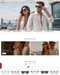 Eyewear website with a couple wearing sunglasses and product images.